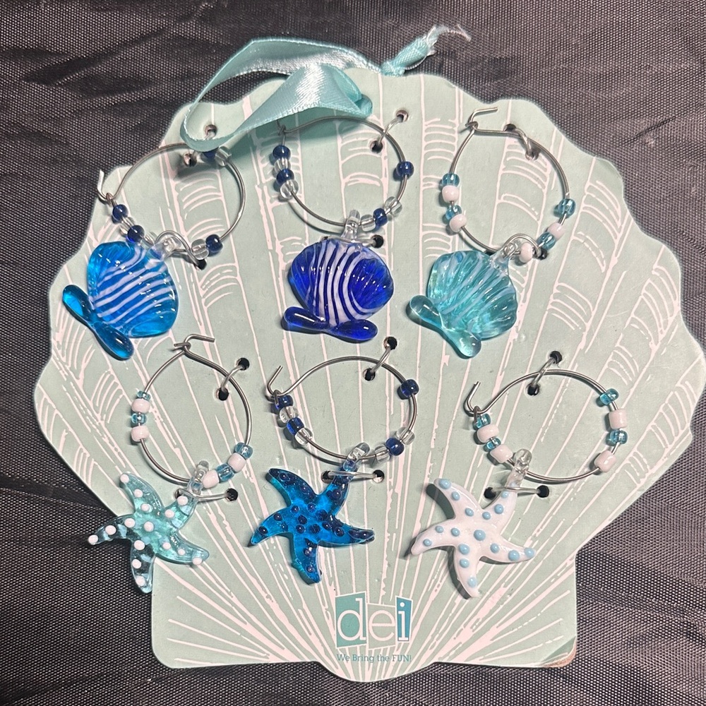 Kids Blue Beach Charm Wine Glass Markers - Set of 6